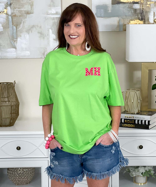 hot pink checkered monogram tee