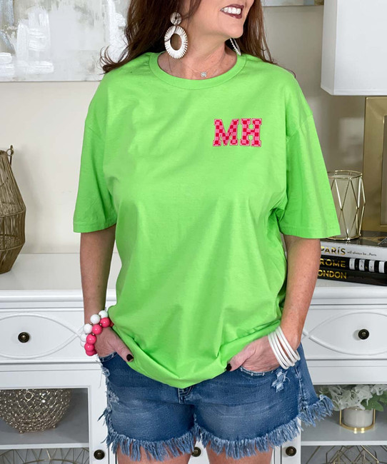 hot pink checkered monogram tee close up