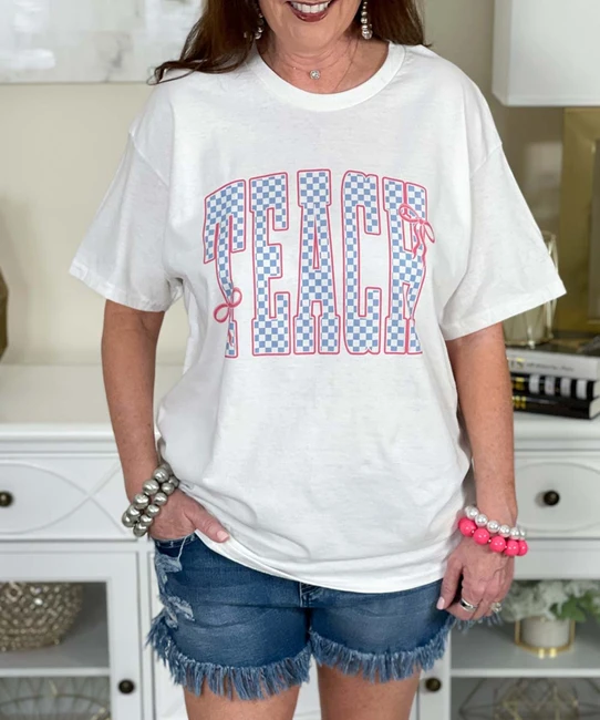 blue checker teach tee close up