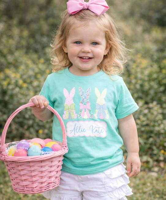 Bunny trio with bows graphic tee model