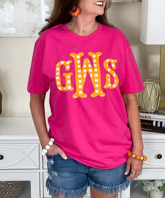 orange gingham fishtail monogram tee close up