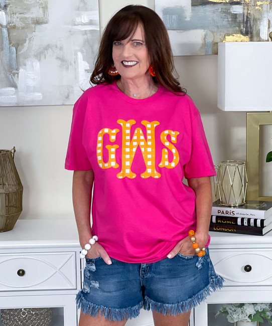 orange gingham fishtail monogram tee