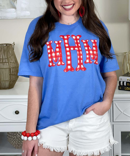 red gingham fishtail monogram graphic tee close up