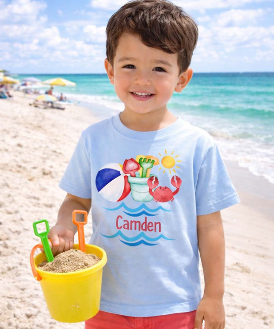 Personalized beach toys graphic tee for boys light blue