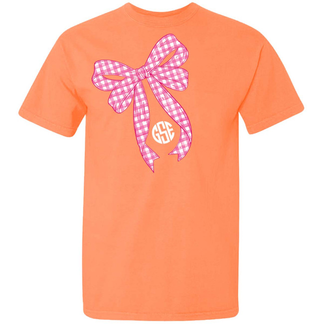Girls Monogrammed Hot Pink Gingham Bow Graphic Comfort Colors Shirt