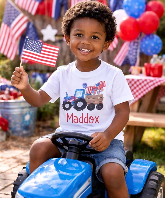 Personalized patriotic tractor graphic tee white model