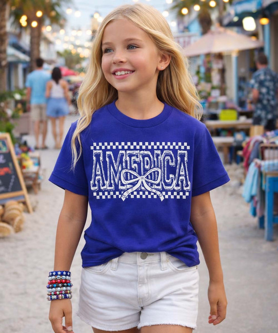 Girls White Checkerboard America With Bow blonde