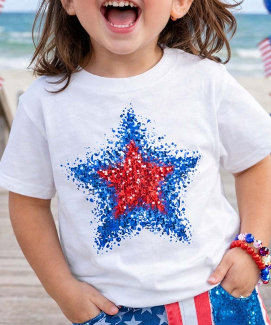 GIRLS FAUX SEQUIN PATRIOTIC STAR GRAPHIC SHIRT Closeup
