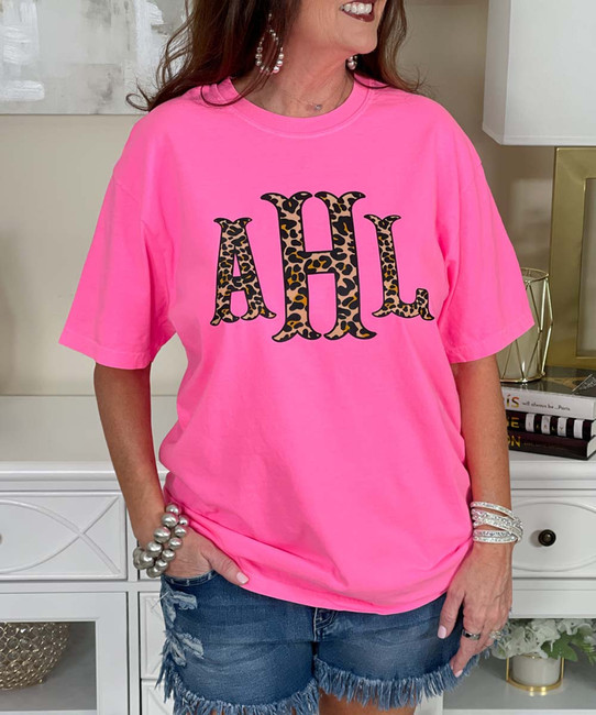 leopard fishtail monogram comfort colors shirt close up