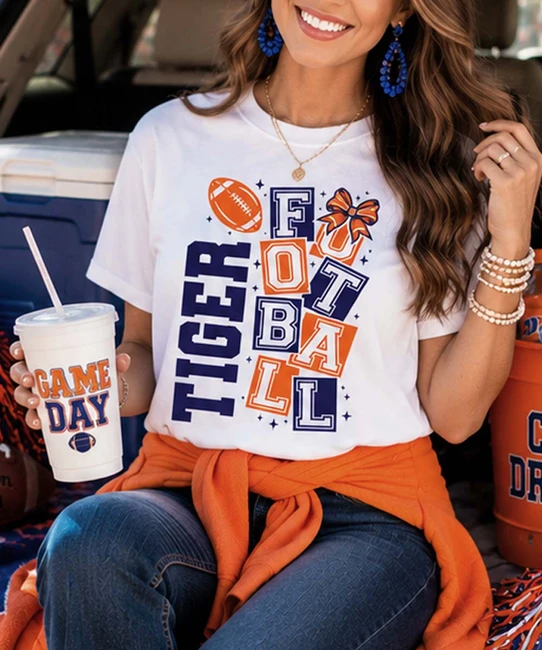 customized football tee model image close up