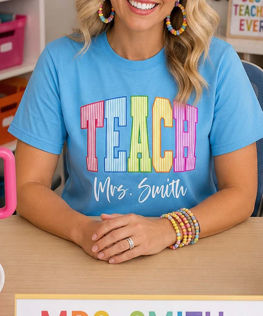 personalized stripe teach with name tee model image close up
