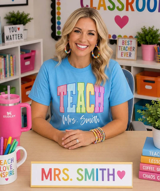 personalized stripe teach with name tee model image