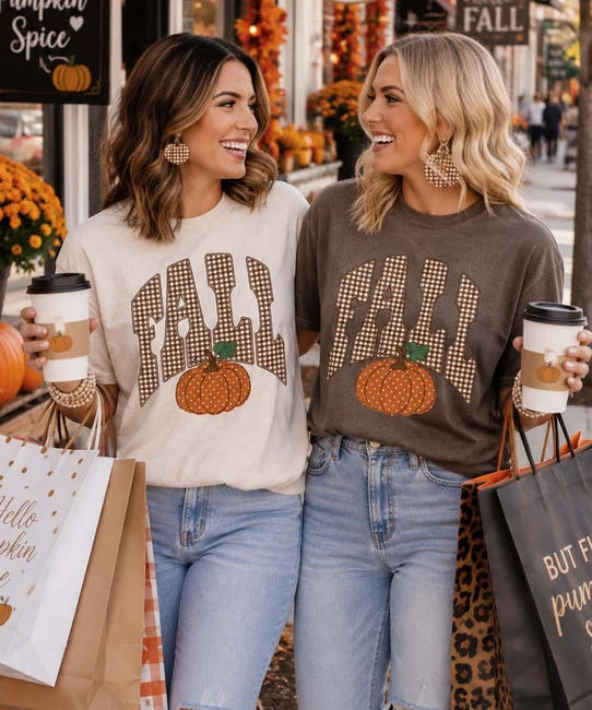 gingham fall with pumpkin tee group image