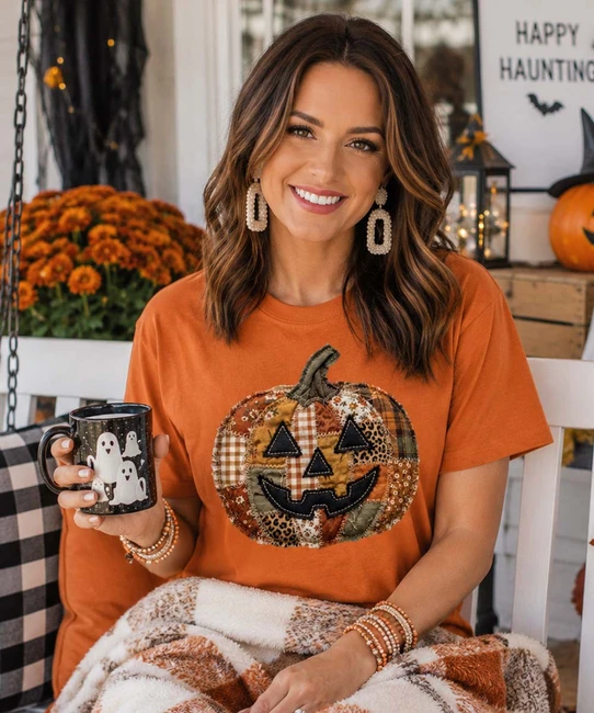Quilted Jack O Lantern Graphic Shirt