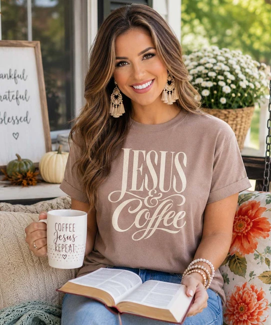 Jesus and coffee graphic shirt model image