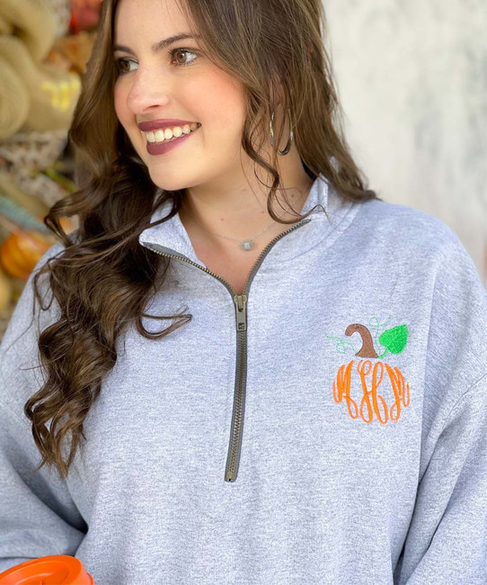 Monogrammed Pumpkin Quarter Zip Pullover -Sport Grey