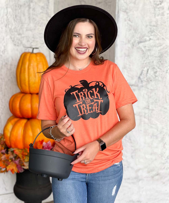 Trick Or Treat Pumpkin Bella Canvas Tee - Heather Orange
