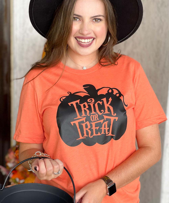 Trick Or Treat Pumpkin Bella Canvas Tee - Heather Orange