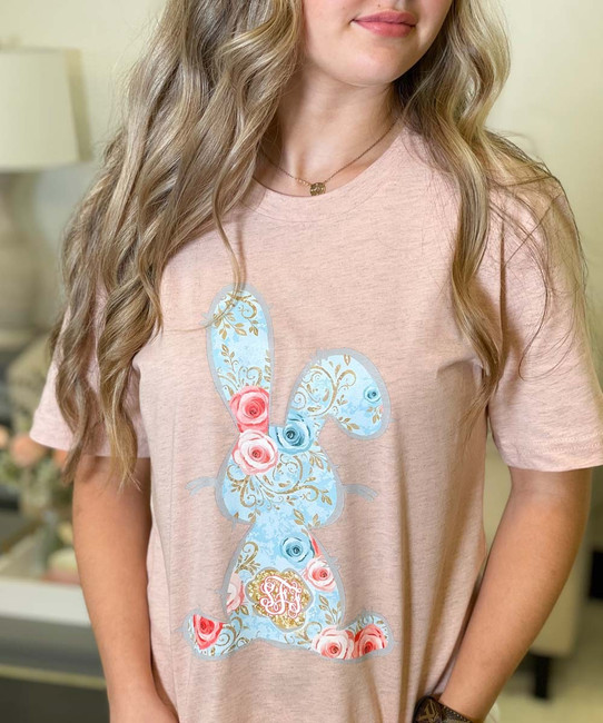 Monogrammed Whimsical Rose Bunny Bella Canvas Tee - Heather Prism Peach