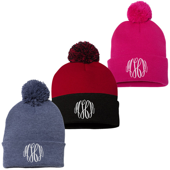 Monogrammed Pom Pom Knit Beanie