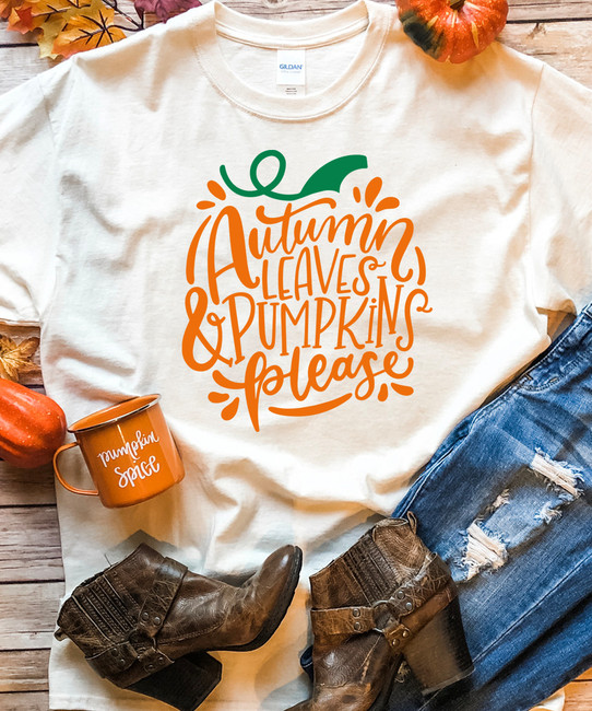 Autumn Leaves And Pumpkins Please Graphic Tee - Natural