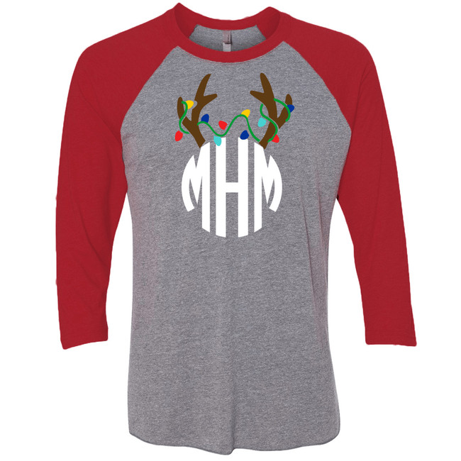 Monogrammed Reindeer Antler Raglan Tee - Heather Gray/Red