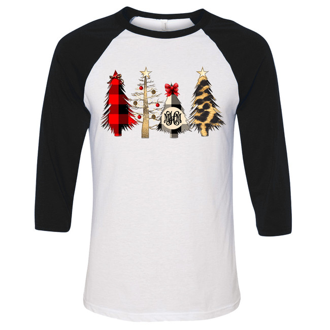 Monogrammed Christmas Tree Group Graphic Raglan Tee - Black