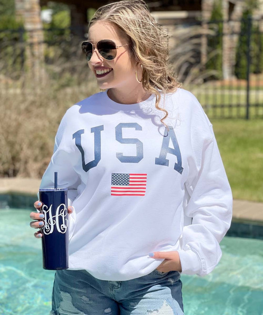 white & blue graphic tee