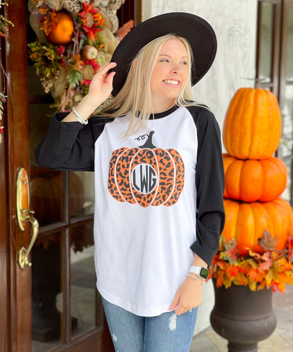 Monogrammed Halloween Leopard Pumpkin Raglan T-Shirt