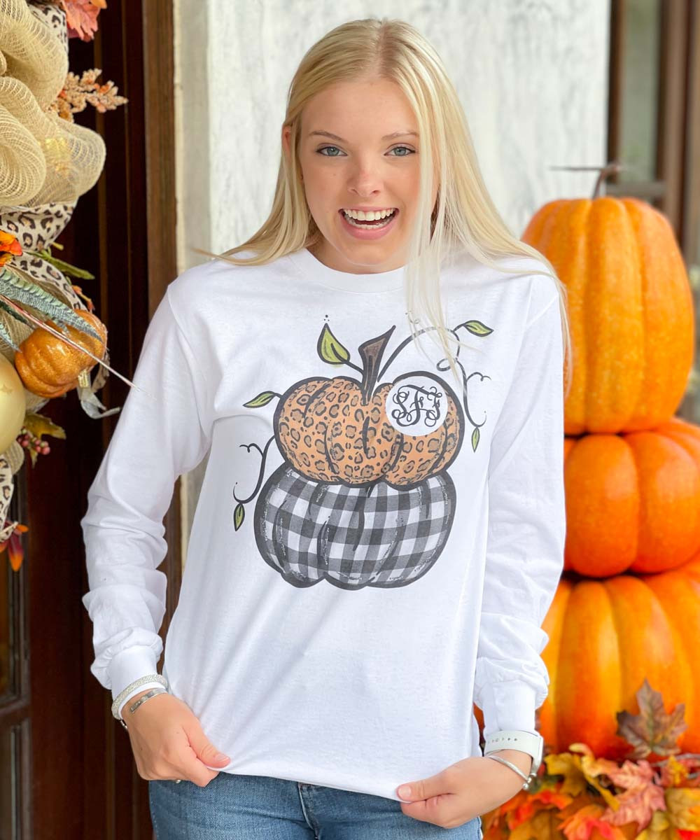 Monogrammed Leopard And Plaid Stacked Pumpkins Graphic Tee Shirt