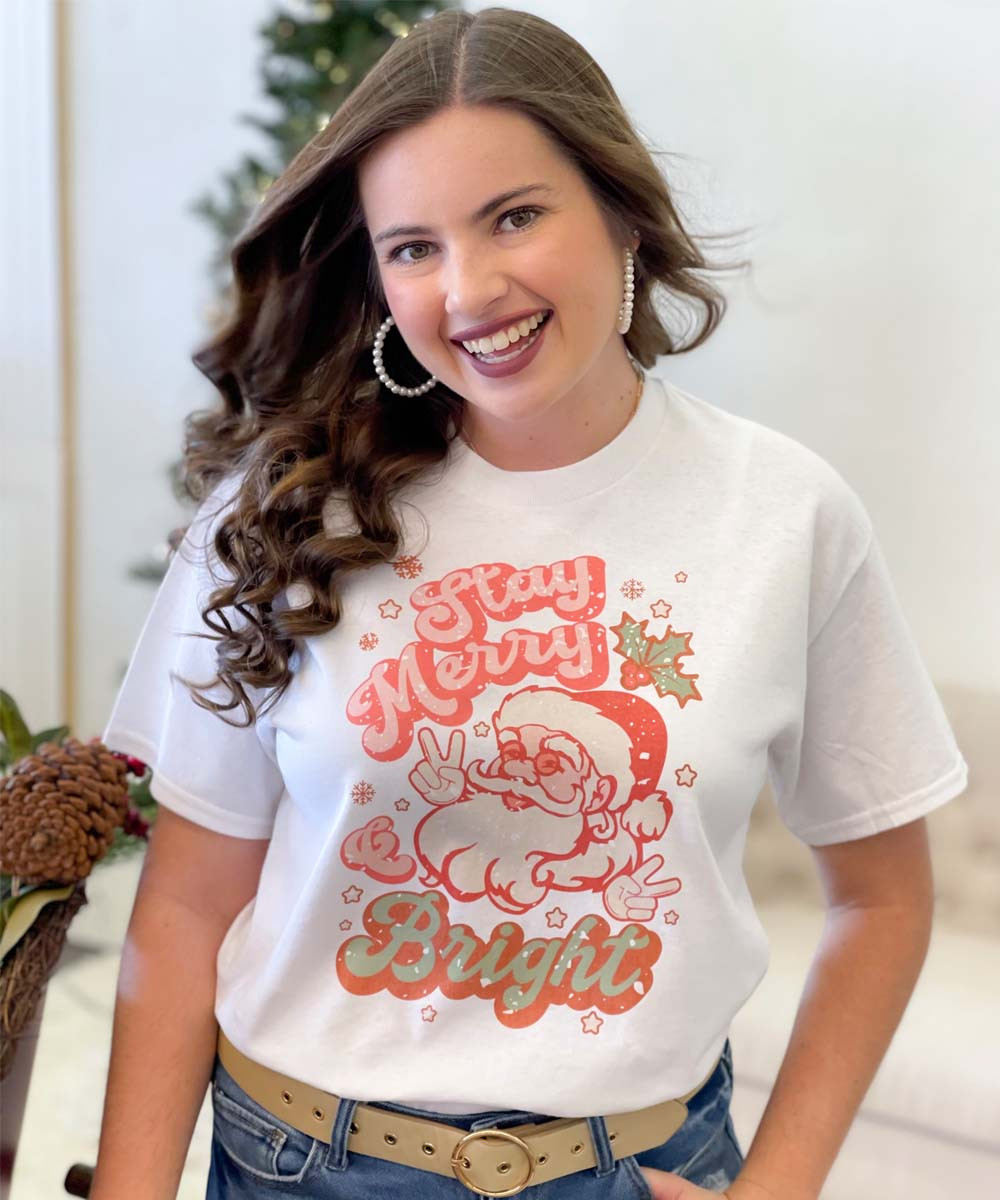 Stay Merry Retro Santa Graphic Tee Shirt