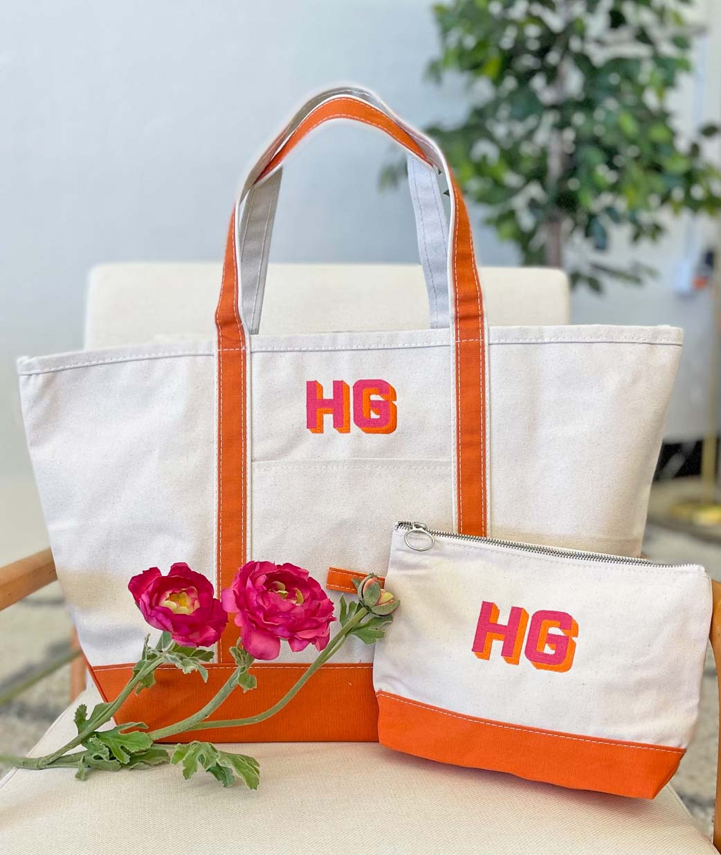 Canvas Boat Tote Bag with Monogram {Coral}