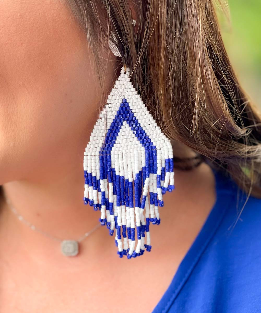 Black Grey & White Seed Beaded Earrings with Fringe