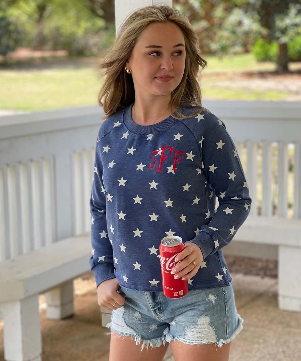 Monogrammed Burnout French Terry Crewneck Sweatshirt Navy Stars