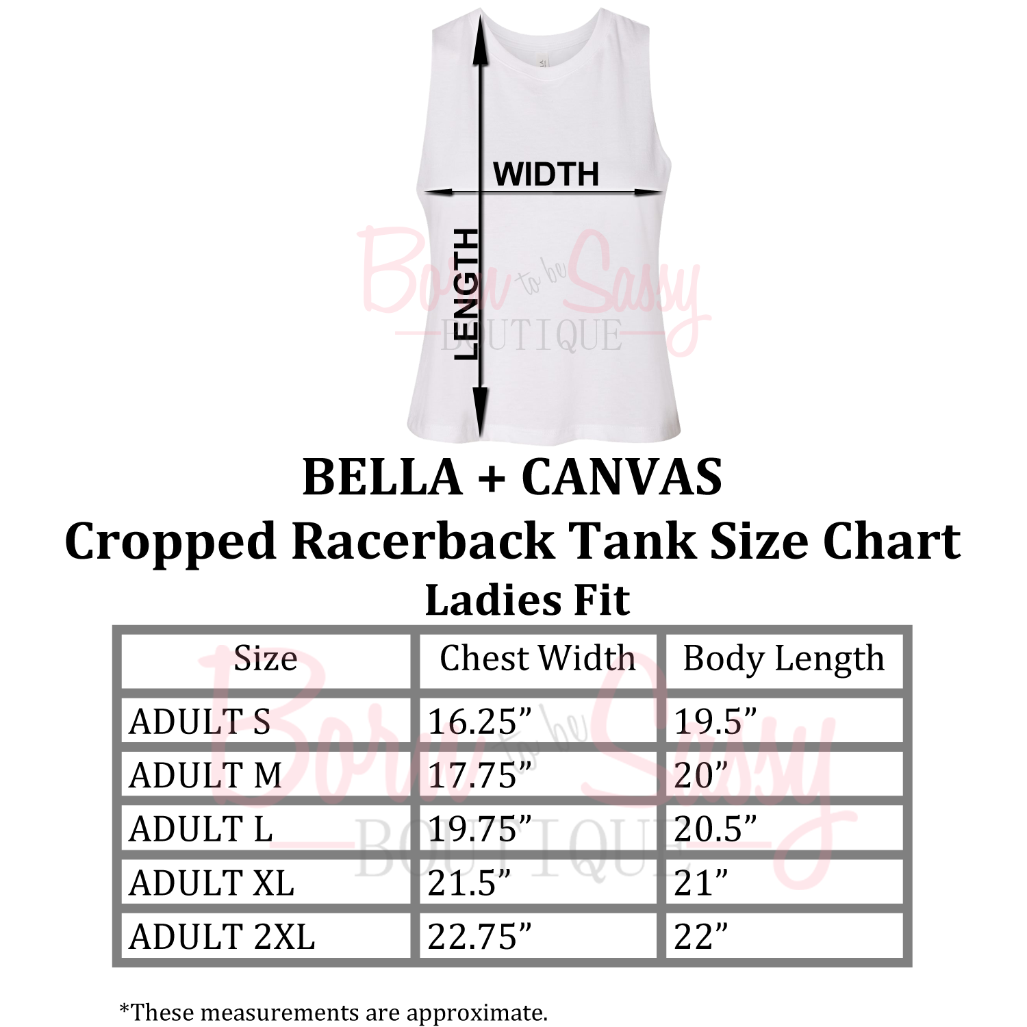 Size Chart Bella Canvas Women's Racerback Cropped Tank Womens