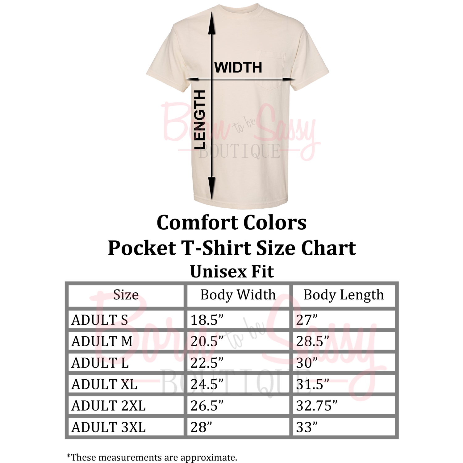 comfort colors pocket tee size chart