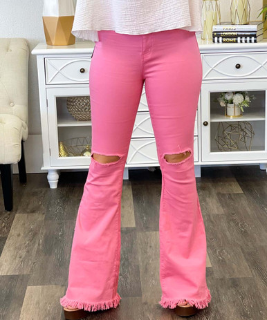 Girls Ripped Flare Jeans Elastic Waist Bell Bottom Pants Wide Leg