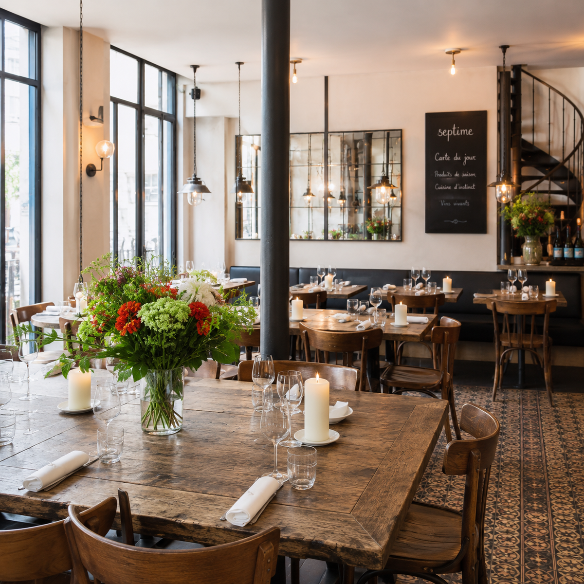 Septime in Paris – industrial-chic dining with exposed brick, warm wood, soft lighting & an open kitchen serving seasonal, beautifully crafted dishes. Modern, unpretentious fine dining with fresh flowers & minimalist décor. TLC Paris.