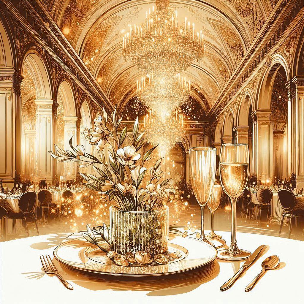 An elegant and timeless dining room adorned with chandeliers, gilded moldings, and luxurious tapestries, exuding classic French refinement. White tablecloths, fine porcelain, and meticulously arranged dishes create a sophisticated ambiance. The intimate lighting and grand 17th-century decor of this Michelin three-star restaurant enhance the sense of exclusivity and culinary excellence.