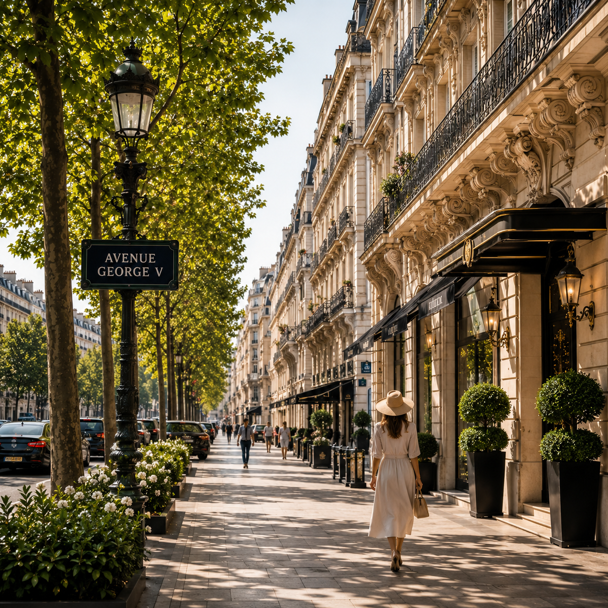Luxury boutiques on Avenue George V, guided by TLC Paris.