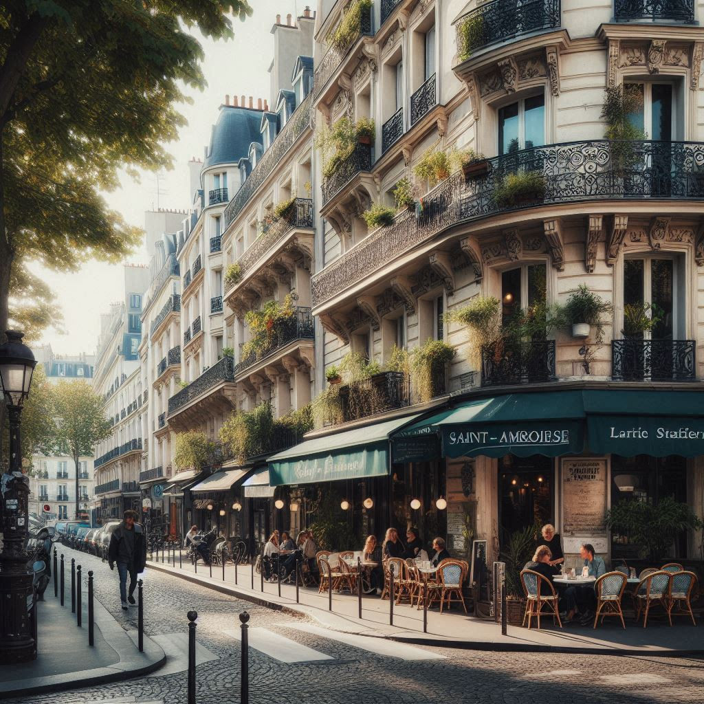 A quiet street in the 11th arrondissement, Rue Saint-Ambroise reflects everyday Paris — cafés, bakeries, and neighbourhood life unfolding between Oberkampf and Bastille.