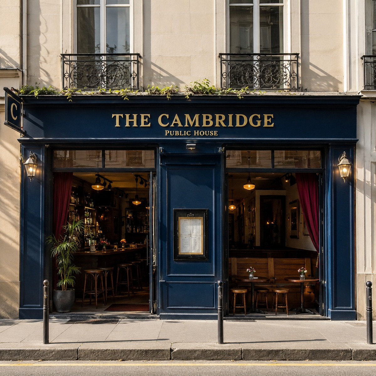 A warm, inviting cocktail bar in the heart of Le Marais, The Cambridge Public House blends British pub charm with Parisian sophistication. The photo shows a softly lit interior with dark wooden furnishings, vintage mirrors, and emerald green walls. Behind the bar, rows of premium spirits gleam under golden lighting, while a bartender crafts a signature cocktail with precision. In the foreground, two drinks rest elegantly on the bar—one a ruby-colored negroni, the other a frothy whisky sour. The vibe is cozy yet refined, with guests chatting over low music in the background.
