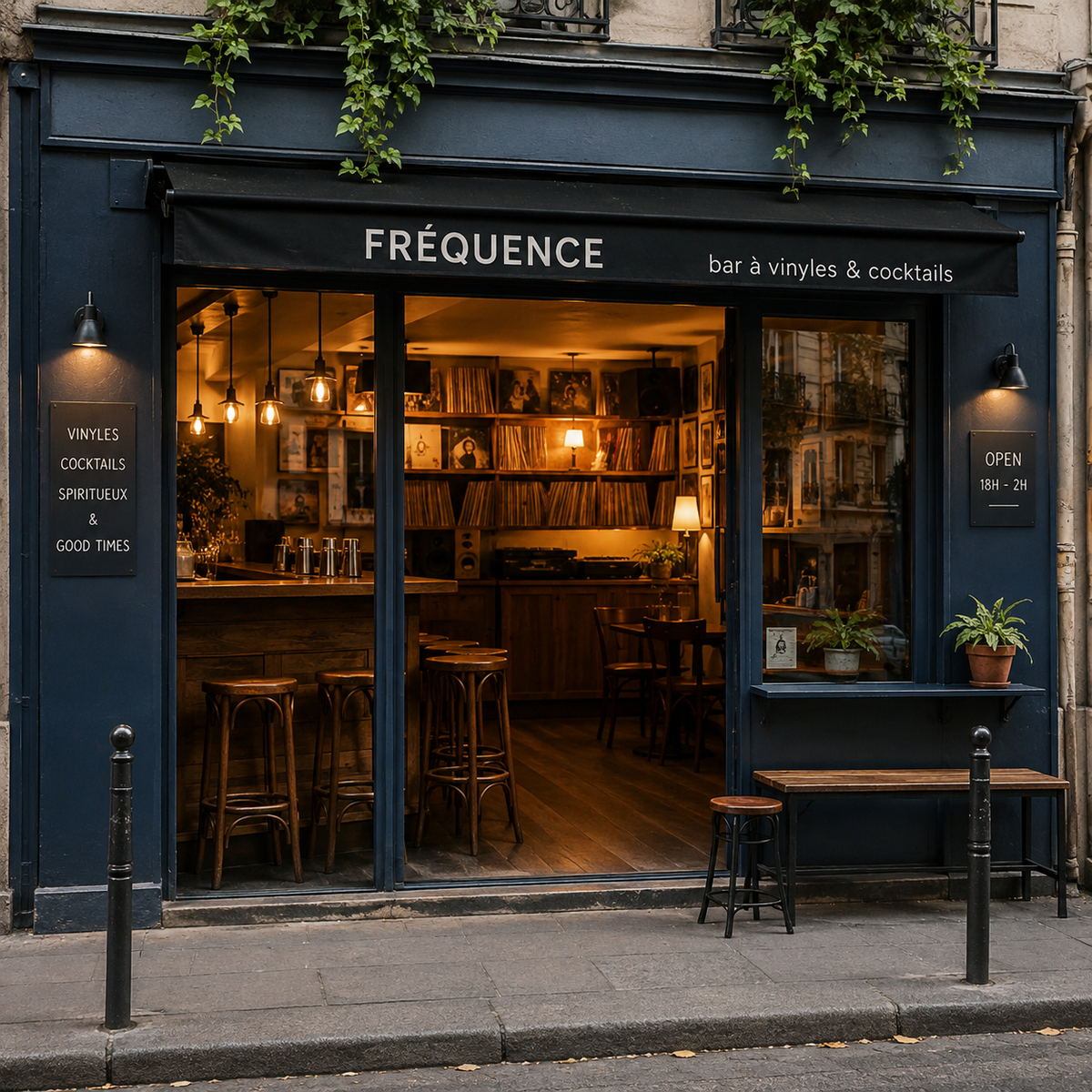 A cozy yet vibrant cocktail bar in Paris’s Bastille district, Fréquence offers a unique vinyl-only experience. The dimly lit interior showcases walls adorned with vintage vinyl records and sleek, retro furnishings. Behind the bar, a bartender mixes a colorful cocktail, while a turntable spins a classic vinyl record. Guests are immersed in a fusion of great music and expertly crafted drinks, creating an intimate atmosphere. The ambiance is both nostalgic and modern, perfect for music lovers and cocktail enthusiasts alike.