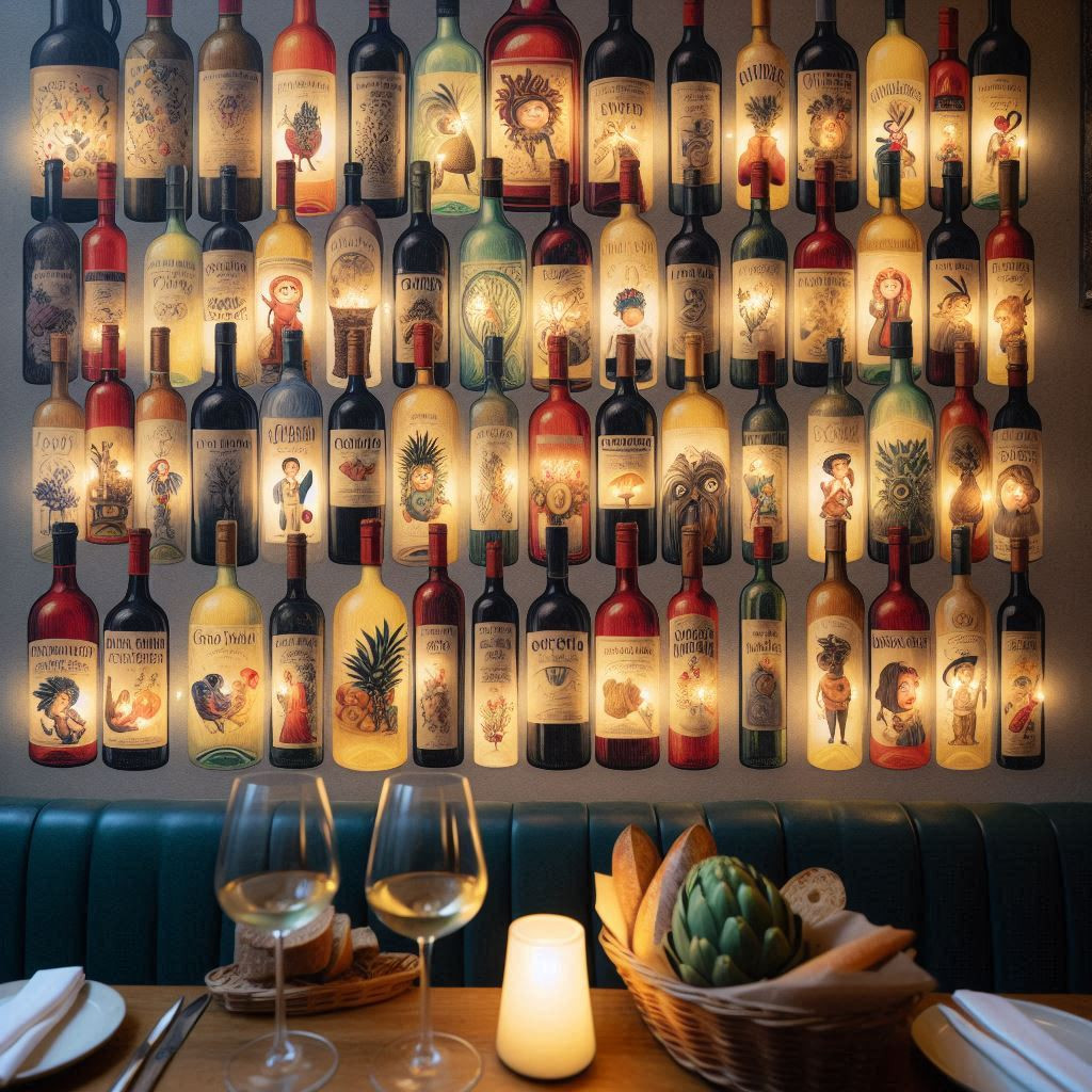 A warm, inviting wine bar with soft lighting and rustic wooden furnishings. Shelves lined with carefully curated wine bottles line the walls, while small plates of vibrant Jewish-inspired tapas—like challah bites, hummus, or brisket sliders—rest on artisanal ceramic dishes. The atmosphere is intimate, stylish, and welcoming, with Parisian charm and cultural warmth blending seamlessly. A perfect hidden gem for a relaxed evening in the city.