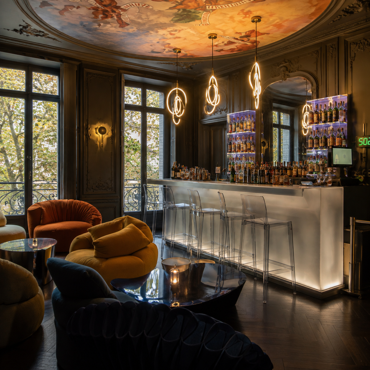 A secretive, dimly lit cocktail bar with a moody underground ambiance. The entrance is discreet, possibly marked only by a faint symbol or unassuming doorway. Inside, low lighting reflects off dark leather banquettes and exposed brick walls, while skilled bartenders craft creative, Instagram-worthy cocktails with precision. The bar glows with amber light, inviting guests into an intimate world of mixology, mystery, and after-dark elegance in the heart of Bastille.