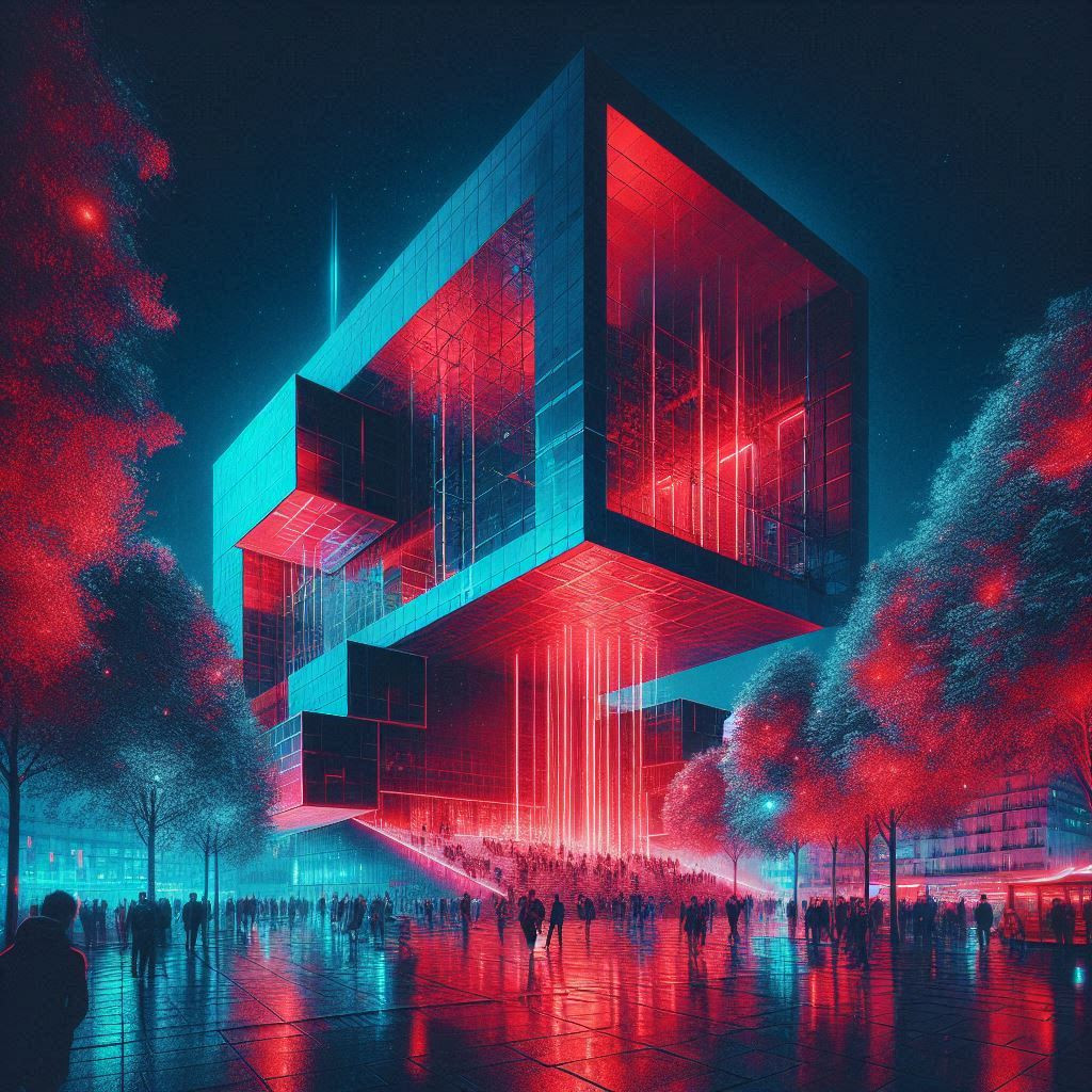 A striking, modern venue set in the heart of Paris' La Villette district. The exterior showcases its iconic futuristic architecture, with sleek lines and glowing LED lights that change color. Inside, the expansive concert hall features a high-tech sound system and dramatic lighting, creating an immersive experience for every concertgoer. Fans are seen enjoying live performances in a buzzing atmosphere, with world-class artists lighting up the stage.