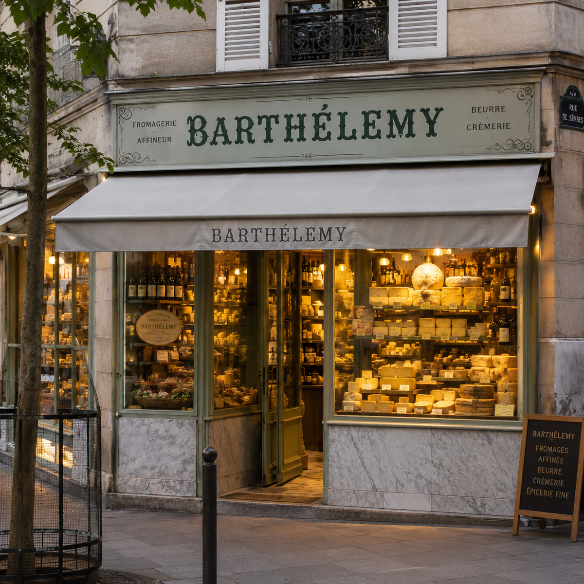 Inside Fromagerie Roland Barthélémy in Paris, a curated selection of fine French cheeses is artfully displayed across a rustic wooden counter. Creamy Bries, aged Tommes, and delicately wrapped rounds of goat cheese fill the elegant space with warmth and charm. A true neighborhood gem recommended by TLC Paris, where tradition and taste meet in every detail.