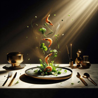 A warmly lit, intimate seafood restaurant with a rustic yet modern design. Wooden tables are adorned with plates of fresh oysters on ice, delicately plated ceviche, and seafood tartares. A bottle of natural wine sits next to elegantly poured glasses, reflecting the soft glow of hanging lights. In the background, a lively open kitchen shows chefs preparing dishes with precision, while diners enjoy their meals in a cozy, welcoming ambiance. The atmosphere is vibrant yet relaxed, perfect for savoring fresh seafood with good company.