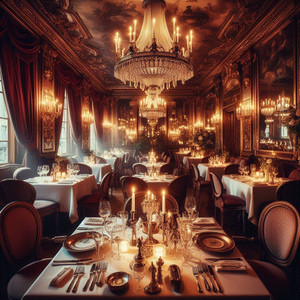 An elegant and timeless dining room adorned with chandeliers, gilded moldings, and luxurious tapestries, exuding classic French refinement. White tablecloths, fine porcelain, and meticulously arranged dishes create a sophisticated ambiance. The intimate lighting and grand 17th-century decor of this Michelin three-star restaurant enhance the sense of exclusivity and culinary excellence.