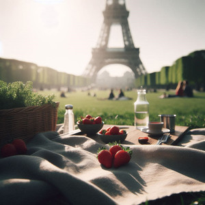 Champ de Mars picnic — soft light, fresh strawberries, and the Eiffel Tower quietly framing one of Paris’s simplest pleasures.